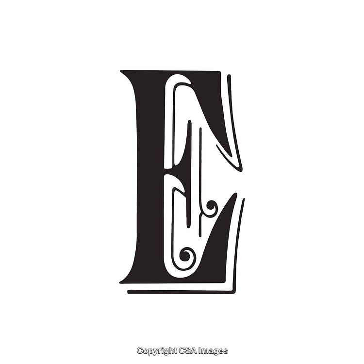 Elegant Monochrome Illustration of the Letter E with Decorative Design