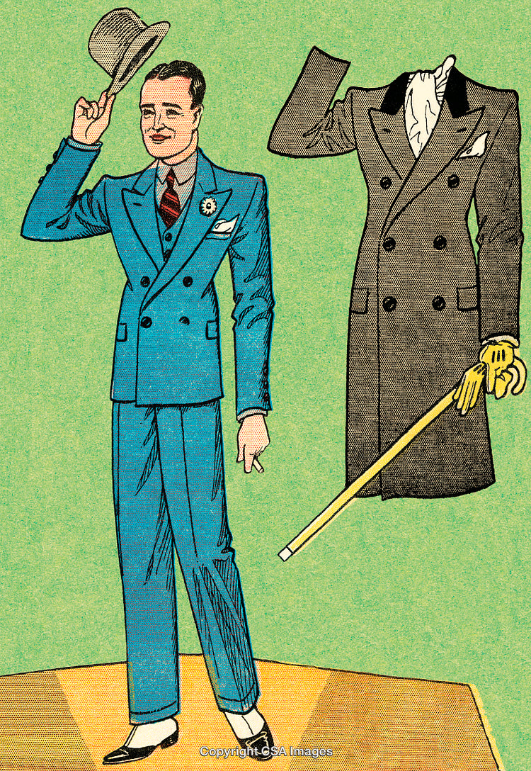 Vintage Illustration of a Gentleman in a Suit with Hat and Cane
