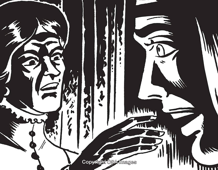 Black-and-White Illustration Depicting Two Characters Engaged in a Dramatic Scene