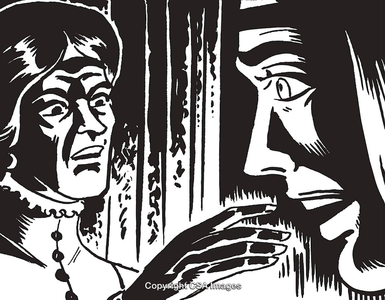 Black-and-White Illustration Depicting Two Characters Engaged in a Dramatic Scene