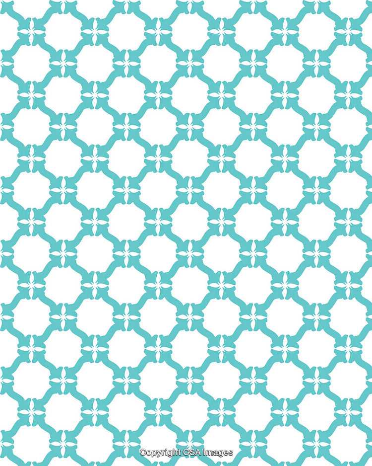 Geometric Teal Pattern with Repeating Ornamental Shapes on White Background