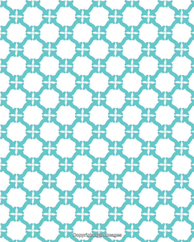 Geometric Teal Pattern with Repeating Ornamental Shapes on White Background