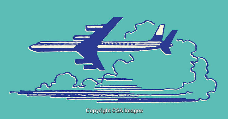 Vintage Blue Airplane Line Art Illustration on Turquoise Background
