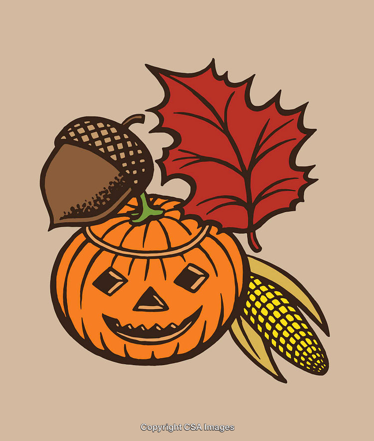 Festive Pumpkin Decorated With Acorn, Corn, and Red Autumn Leaf