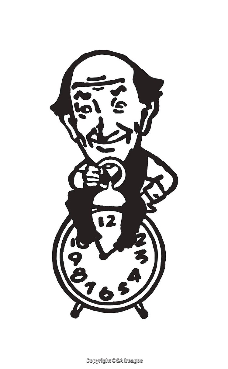 Vintage Black and White Line Art Illustration of a Clock and Figure
