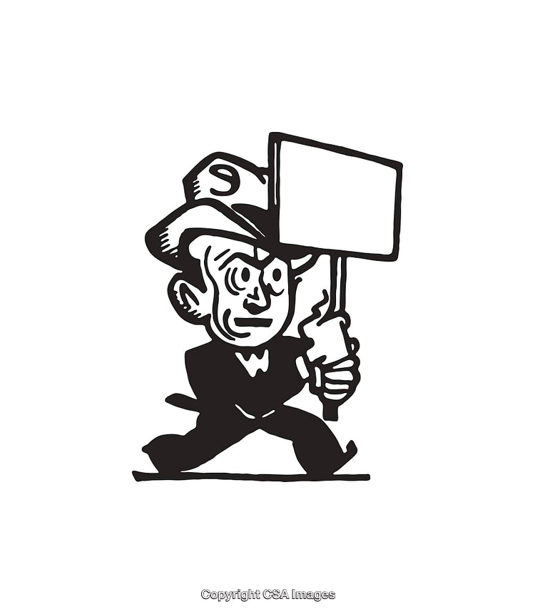 Vintage Style Line Art of Character Carrying a Blank Sign