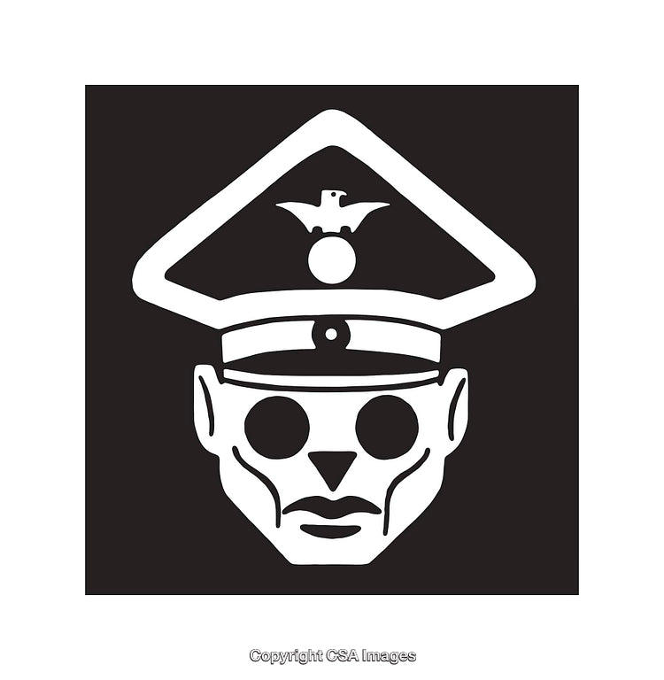 Black and White Icon Depicting a Stylized Skeleton in Uniform Hat