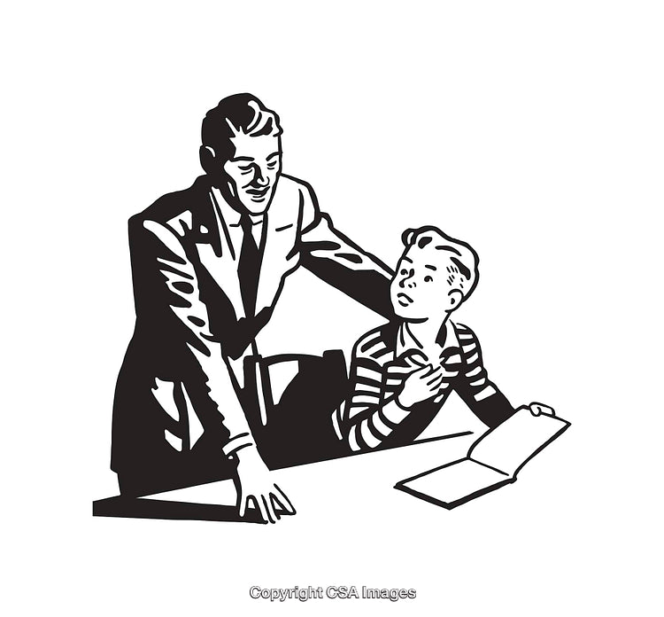 Black-And-White Illustration of Mentorship Between An Adult and Child Student
