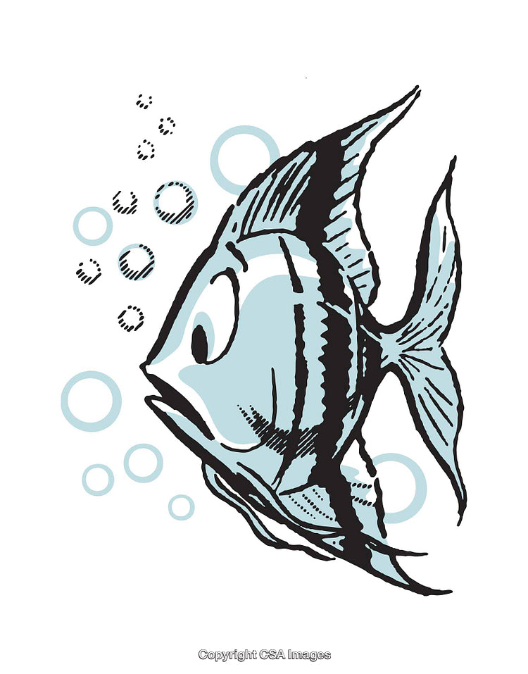 Stylized Black and White Fish Illustration with Bubbles in Editable Format
