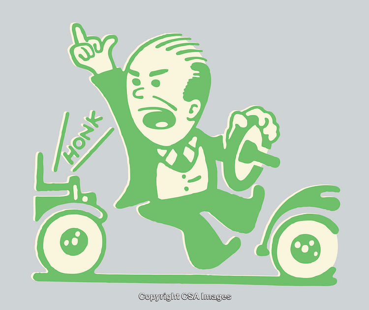 Comical Retro Illustration of a Man Using a Horn and Driving