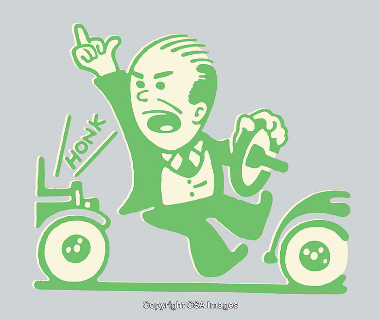 Comical Retro Illustration of a Man Using a Horn and Driving