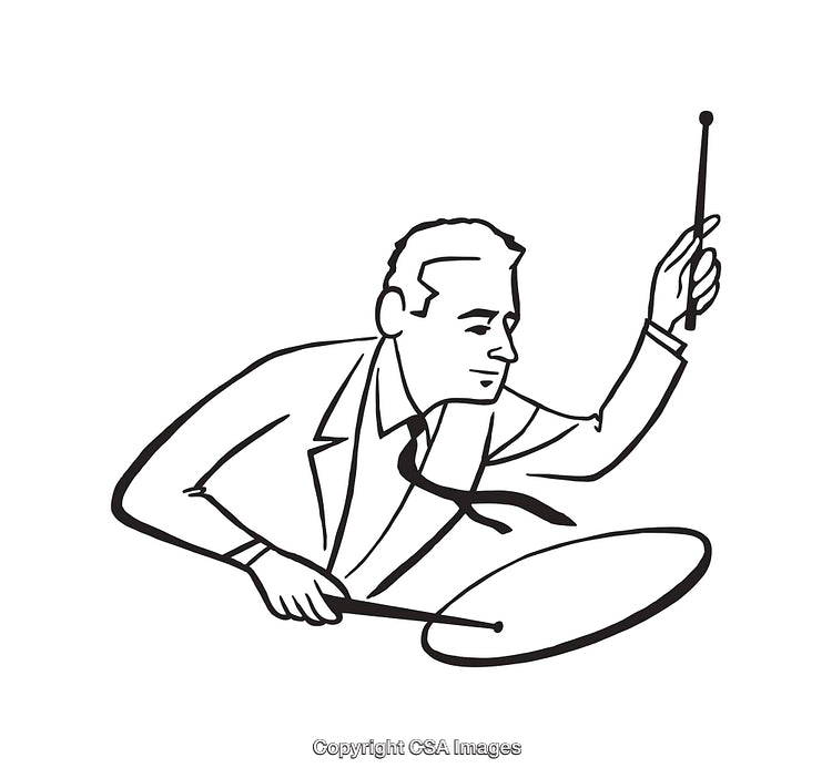 Black And White Illustration of Conductor With Music Baton Performing