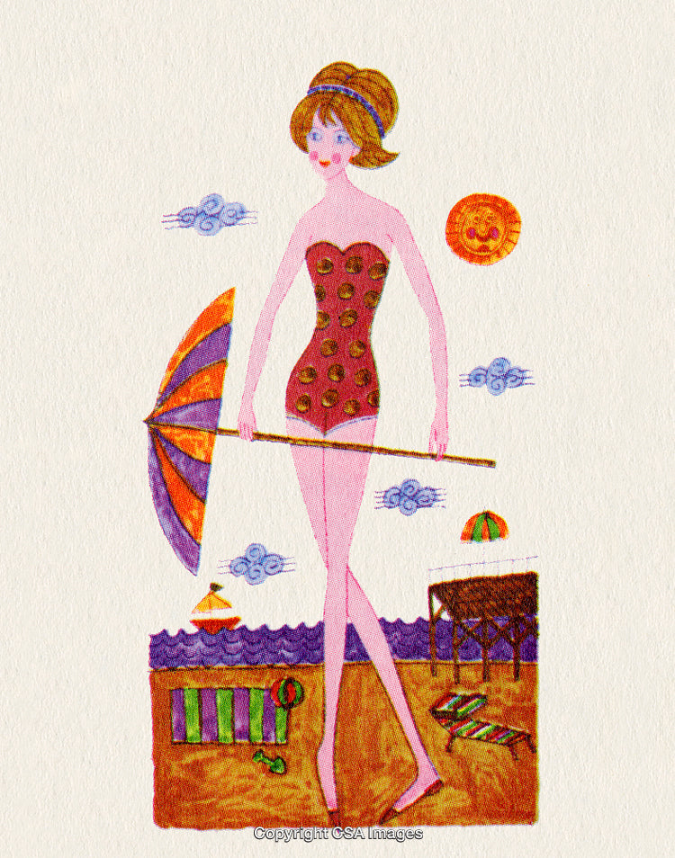 Retro Illustration of Lady in Swimsuit on a Sunny Beach