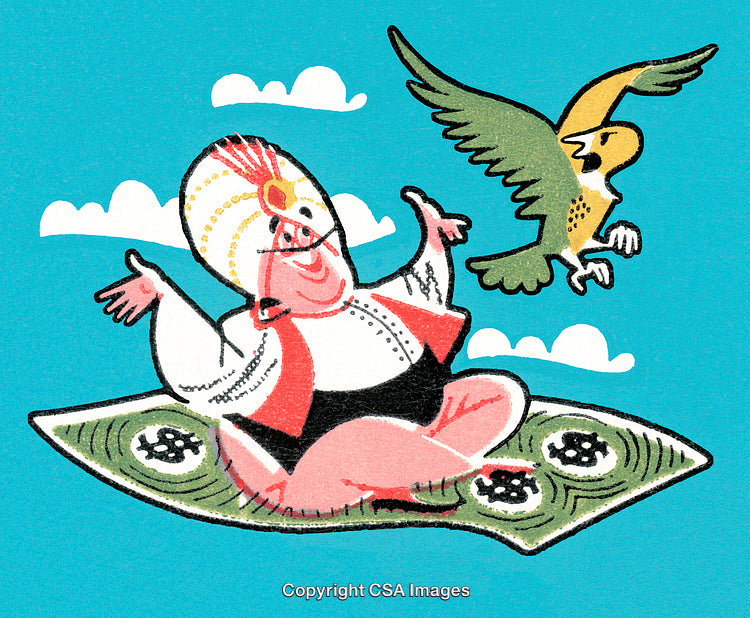 Illustration of Cartoon Character on Flying Carpet with Colorful Bird