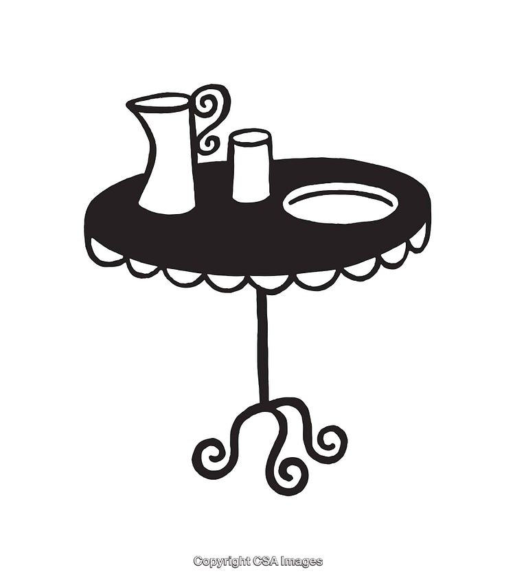 Black and White Line Art Illustration of a Table with Jugs and Plate