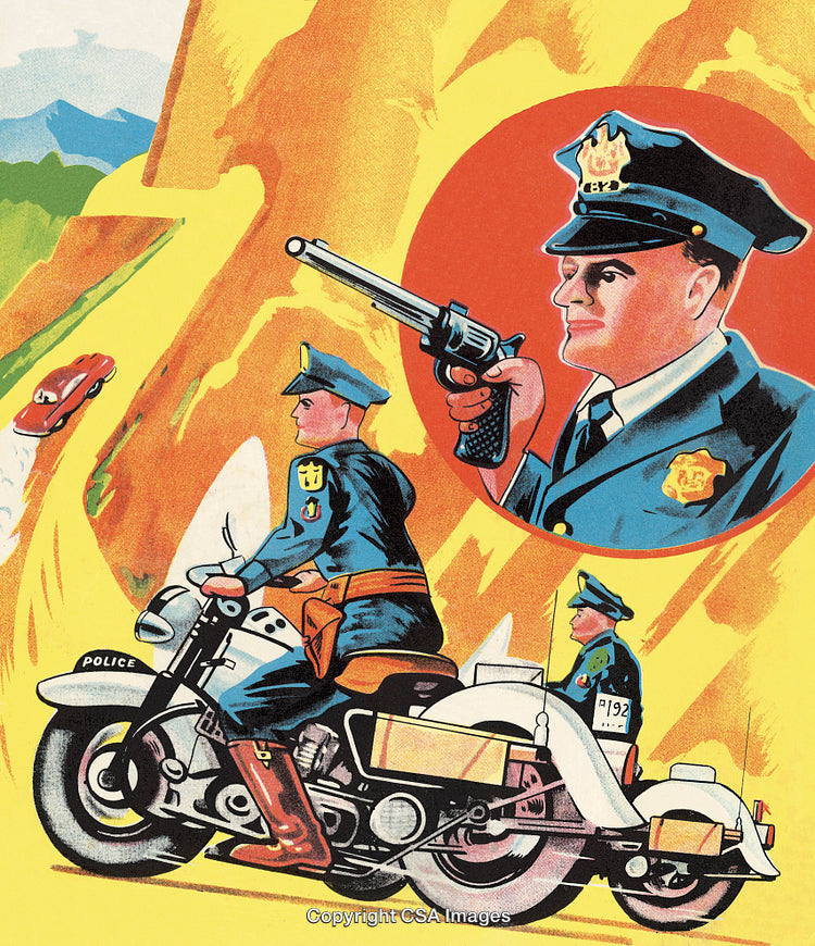 Retro Illustration of Police Officers with Motorcycle and Action Scene