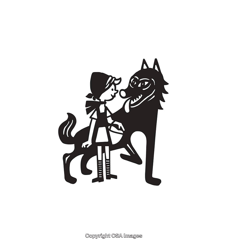 Black and White Line Art of Girl With a Wolf Illustration