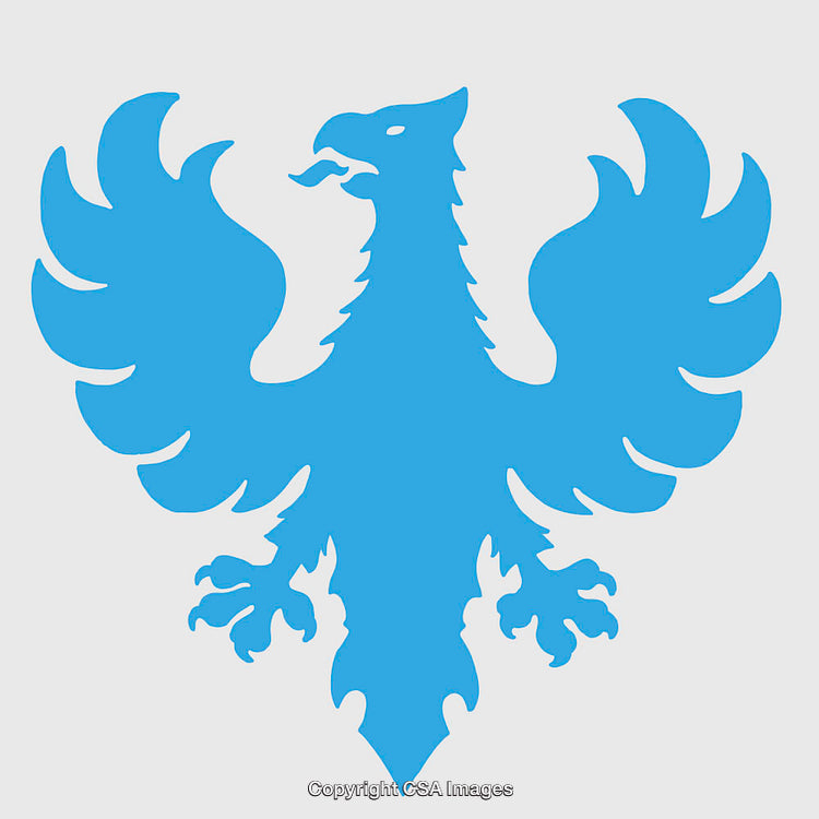 Blue Heraldic Eagle Silhouette with Intricate Feathers on White Background