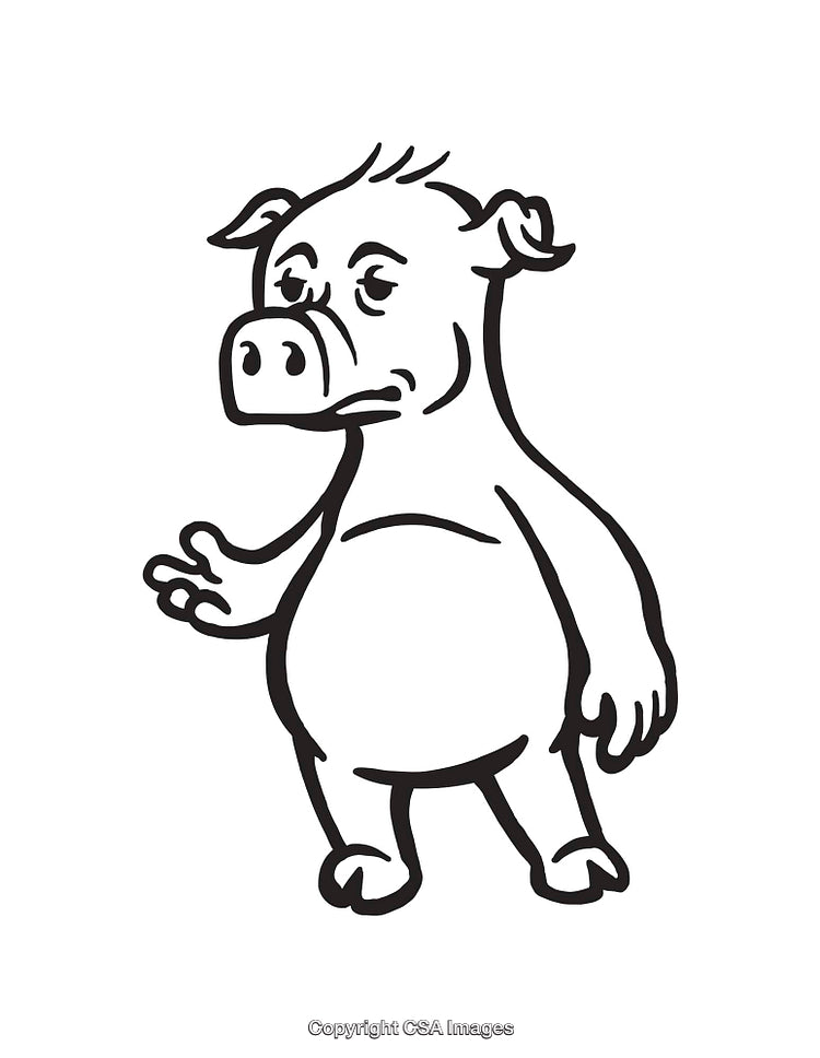Black and White Line Art of a Standing Pig Cartoon Character