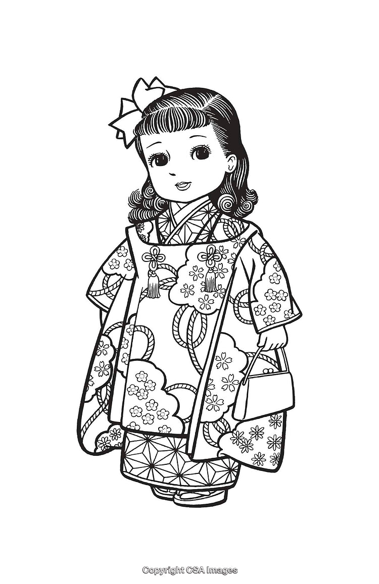 Black and White Line Art of Girl Wearing a Traditional Kimono