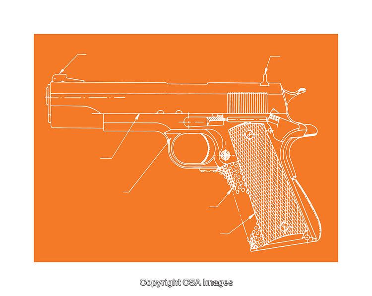 Detailed Gun Diagram on Orange Background with Technical Annotations