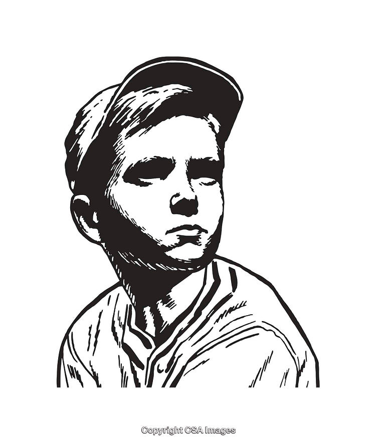 Retro Black and White Line Art of a Boy in a Cap