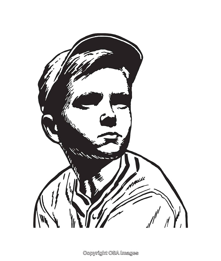 Retro Black and White Line Art of a Boy in a Cap