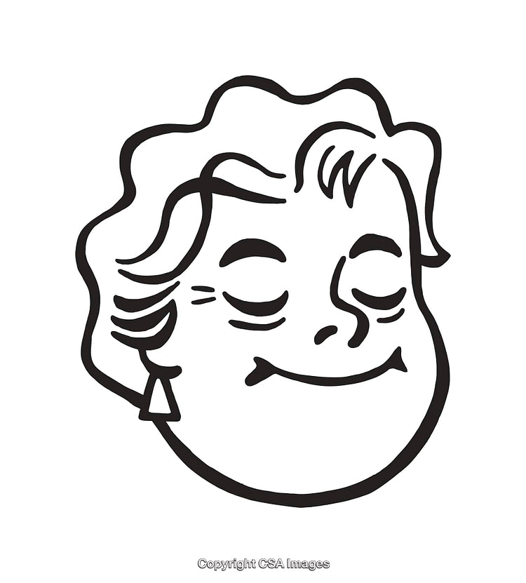 Black and White Line Art of a Smiling Content Character Illustration