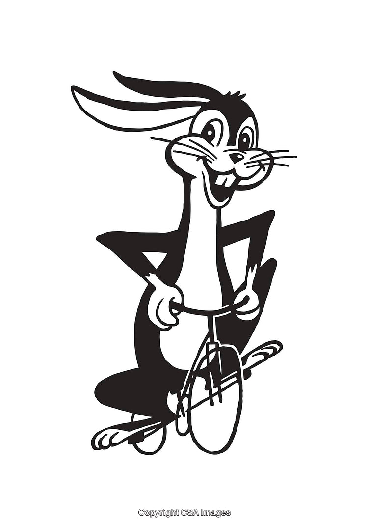Black and White Illustration of a Rabbit Riding a Bicycle