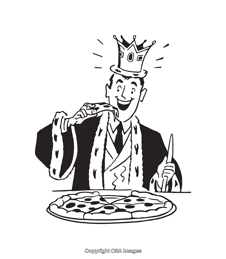 Black and White Illustration of a Crowned Man Enjoying Pizza