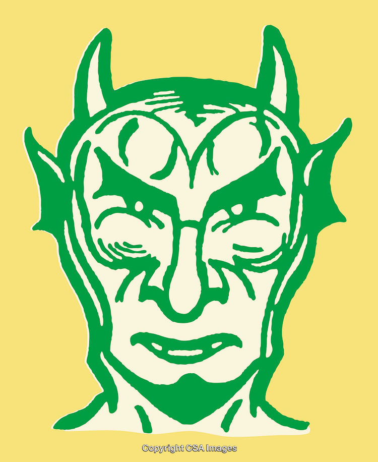 Green Demon Face Illustration on Yellow Background in Bold Line Art Style