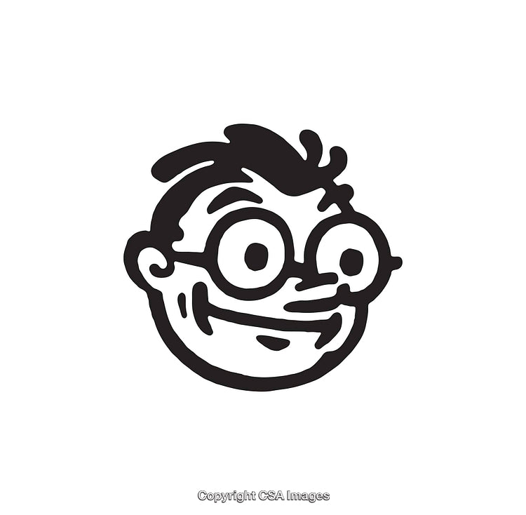 Black and White Cartoon Illustration of Smiling Character with Glasses