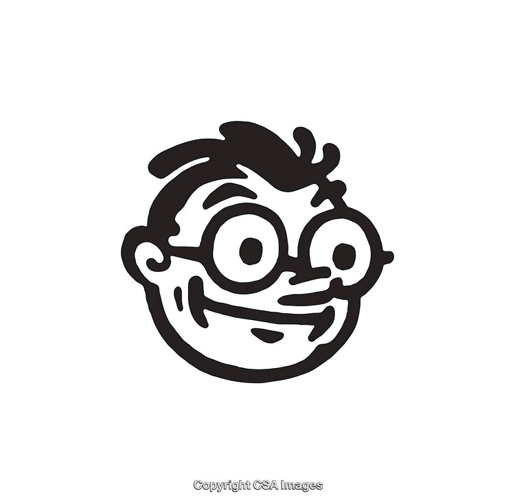 Black and White Cartoon Illustration of Smiling Character with Glasses