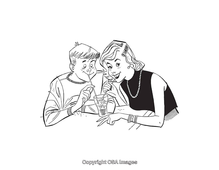 Vintage Illustration of a Couple Sharing a Drink at Diner