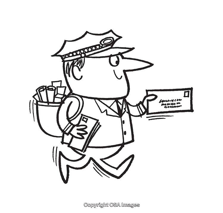 Happy Cartoon Postman Delivering Mail in Black and White Line Art