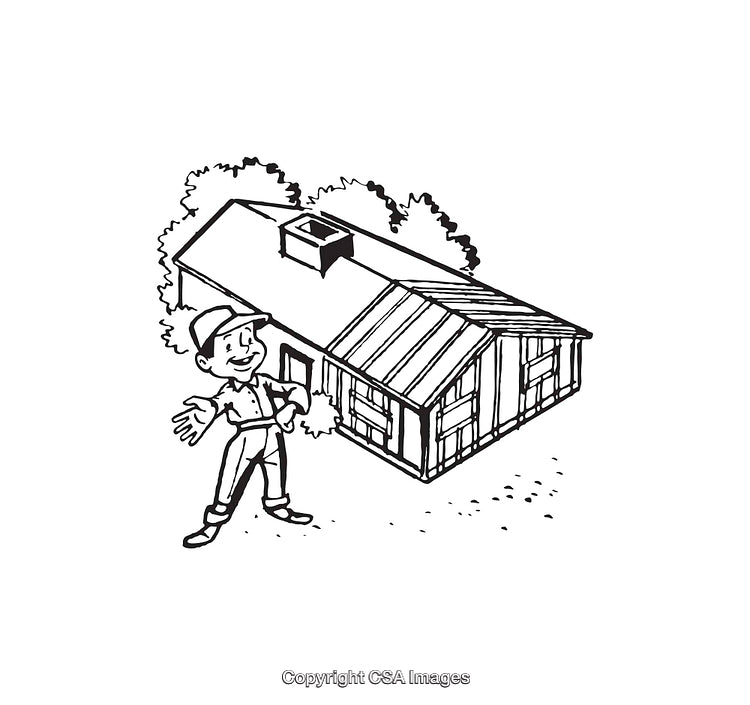 Cartoon Character Presenting a Cozy Cabin in Black and White Line Art