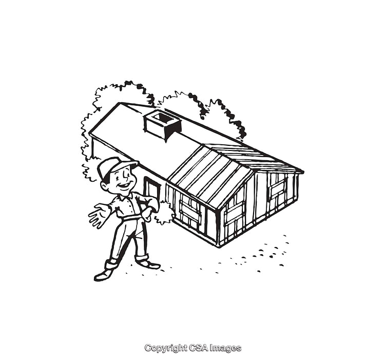 Cartoon Character Presenting a Cozy Cabin in Black and White Line Art