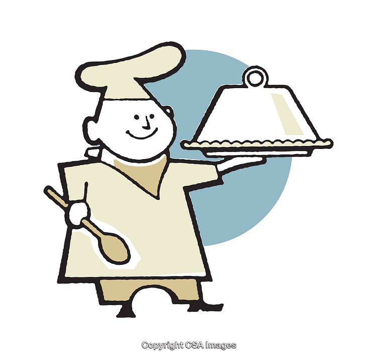 Charming Illustration of a Happy Chef Holding a Covered Dish