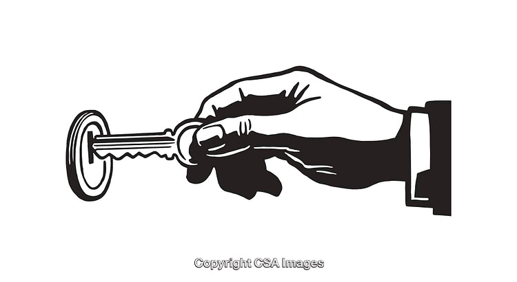 Hand Holding Key Unlocking Door in Black and White Illustration