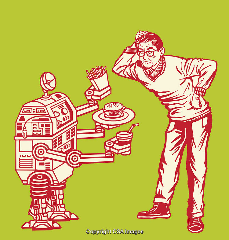 Robot Serving Food to Curious Man in Humorous Line Art Illustration