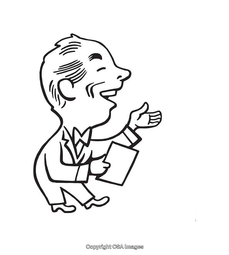Vintage Line Art Illustration of Smiling Businessman Giving Presentation