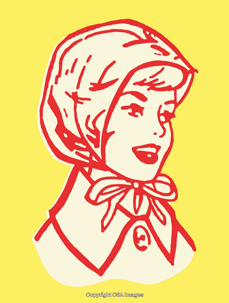 Vintage Line Art Illustration of Woman in Bonnet on Yellow Background