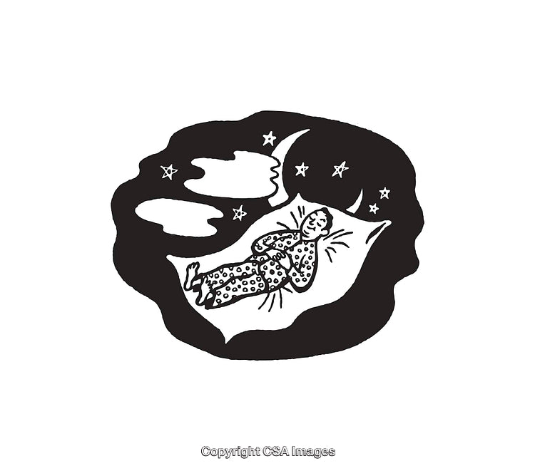 Black and White Line Drawing of a Person Sleeping Under the Night Sky
