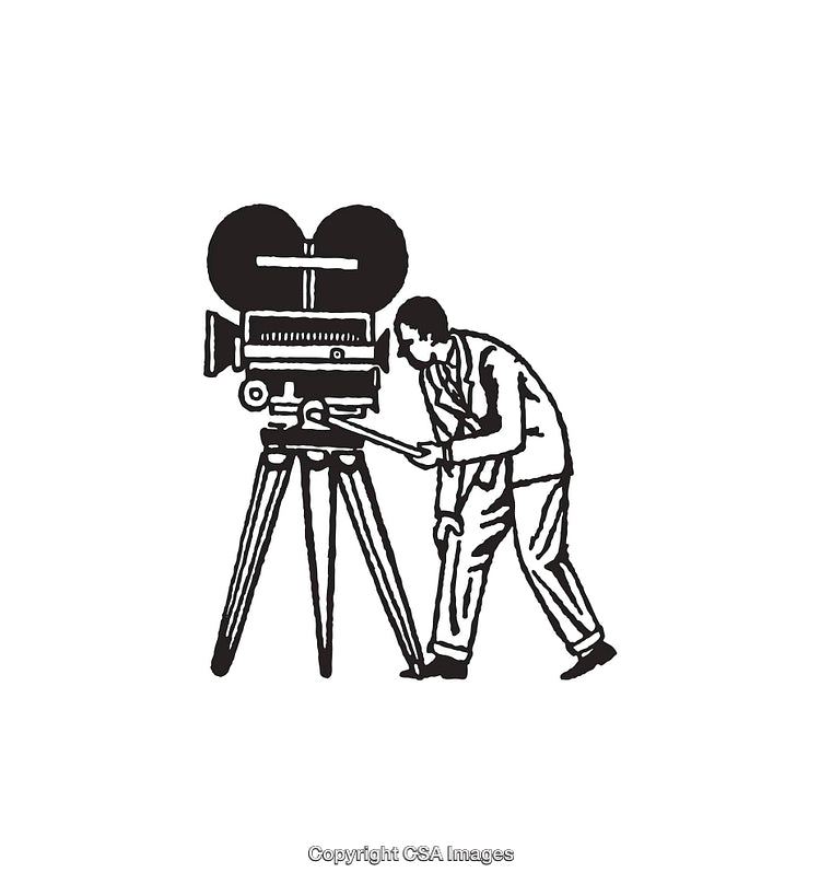 Vintage Illustration of a Filmmaker Operating a Classic Movie Camera