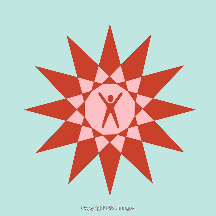 Geometric Illustration with Human Silhouette and Radiating Red and Pink Shapes