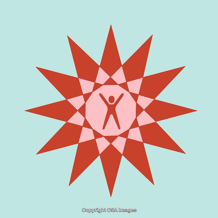 Geometric Illustration with Human Silhouette and Radiating Red and Pink Shapes