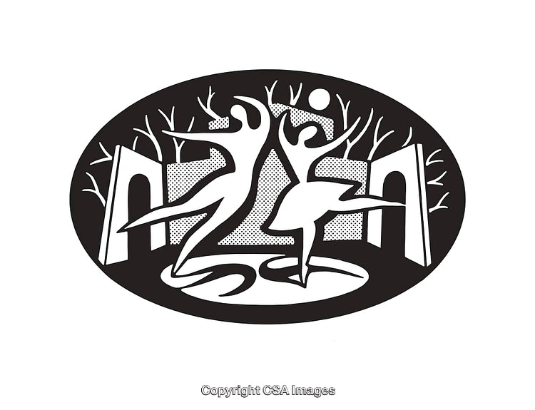 Graceful Dancing Figures in Black and White Line Art Style