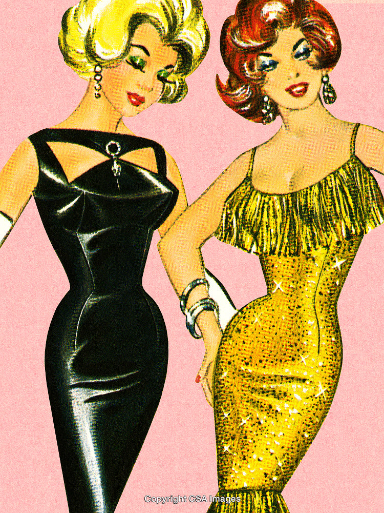 Stylish Vintage Illustration of Glamorous Women in Retro Fashion Dresses