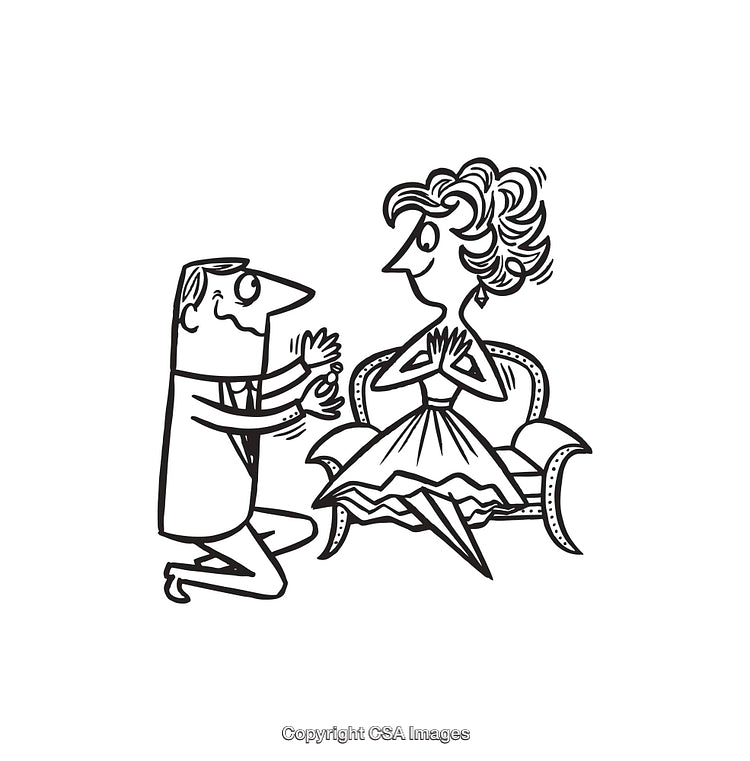 Vintage Style Proposal With Couple Smiling in Comedic Line Art
