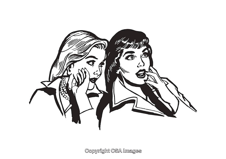 Retro Line Art Illustration of Two Surprised Women Sharing a Secret